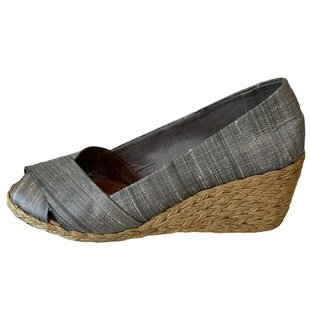 Lauren Ralph Lauren Silver Silk Crisscross Peep Toe Espadrille Cecilia Wedges 8